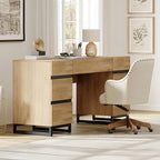 WAMPAT 59" Modern Executive Desk with Drawers, Wood Computer Writing Desk with Charging Station, Office Desk with File Drawer, Study Table for Bedroom, Living Room, Home Office, Oak