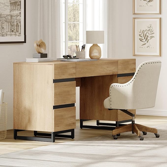 WAMPAT 59" Modern Executive Desk with Drawers, Wood Computer Writing Desk with Charging Station, Office Desk with File Drawer, Study Table for Bedroom, Living Room, Home Office, Oak