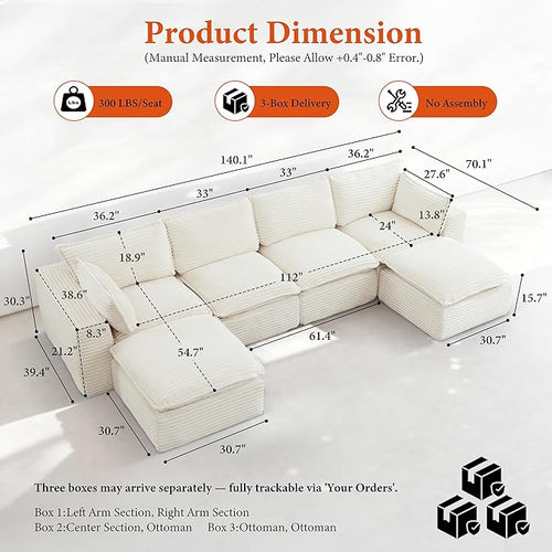 108" Sectional Couches for Living Room Boneless Couch Upholstered Cloud Couch Sectional Modular Sectional Sofa with L Shaped (Corduroy-White, 4 Seat+2 Ottoman)
