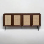 NTC MOSSIC Modern Sideboard with 4 Doors, Natural Rattan Storage Cabinet, Buffet with Metal Legs, Boho Accent Cabinet for Living Room, and Entryway, Effortless Assembly - Dark Walnut