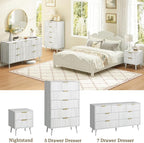 CARPETNAL Fluted 7 Drawer Dresser for Bedroom, 55" Wide Wooden Chest of Drawers with Rounded Corners, Gold Handles, Modern Storage Organizer for Bedroom, Hallway(White)