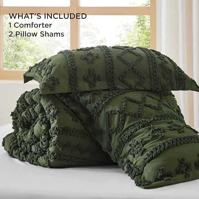 Bedsure Tufted Boho Comforter Set Queen Size - Olive Green Boho Bed Set, GentleSoft™ 3 Pieces Farmhouse Shabby Chic Embroidery Bedding, Gifts for Woman, Soft Jacquard Queen Comforter for All Seasons