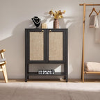 SICOTAS Shoe Cabinet with Storage - 3 Pieces Farmhouse Boho Shoe Organizer with Rattan Doors & Shelves, 5 Tier Free Standing Shoe Rack Storage Cabinet for Entryway, Hallway, Foyer, Closet (Obsidian)