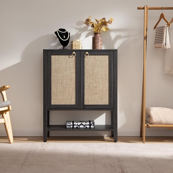 SICOTAS Rattan Shoe Storage Cabinet - 5 Tier Farmhouse Boho Shoe Storage Organizer Cabinet with Doors and Shelves, Tall Shoe Rack for Entryway, Hallway, Living Room, Closet (Obsidian)