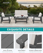 SERWALL HDPE Outdoor Furniture Set 4, All Weather Wood-Like Outdoor Sofa Sectional Couch, Grey Patio Furniture Set with Khaki Cushions