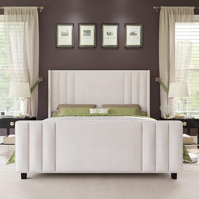 AMERLIFE Queen Size Bed Frame, Velvet Upholstered Platform Bed with Vertical Channel Tufted Headboard & Footboard/Wingback, Mattress Foundation with Wood Slats, No Box Spring Needed, Cream