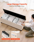 VEVOR Storage Ottoman Bench, End of Bed Bench with 2 Side Bags, Fabric Upholstered with Metal Frame, Toy Box Storage, Bed Benches for Foot of Bed, Bench for Entryway, Living Room, Playroom, Beige