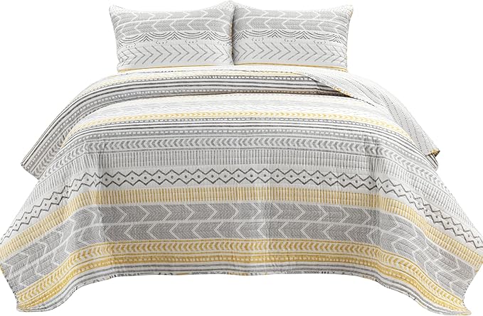 Lush Decor Hygge Geo Pattern Striped 3 Piece Quilt Bedding Set, Full/Queen, Yellow