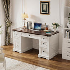 EnHomee 58" W Farmhouse Executive Desk with Drawers, Wood Home Office Desks with Power Outlets, Rustic Computer Desk with Storage Cabinet for Working, Studying, Writing, White + Brown