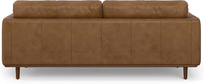SIMPLIHOME Morrison Mid-Century Modern 89 inch Wide Sofa with Ottoman Set in Caramel Brown Genuine Leather for the Living Room and Family Room