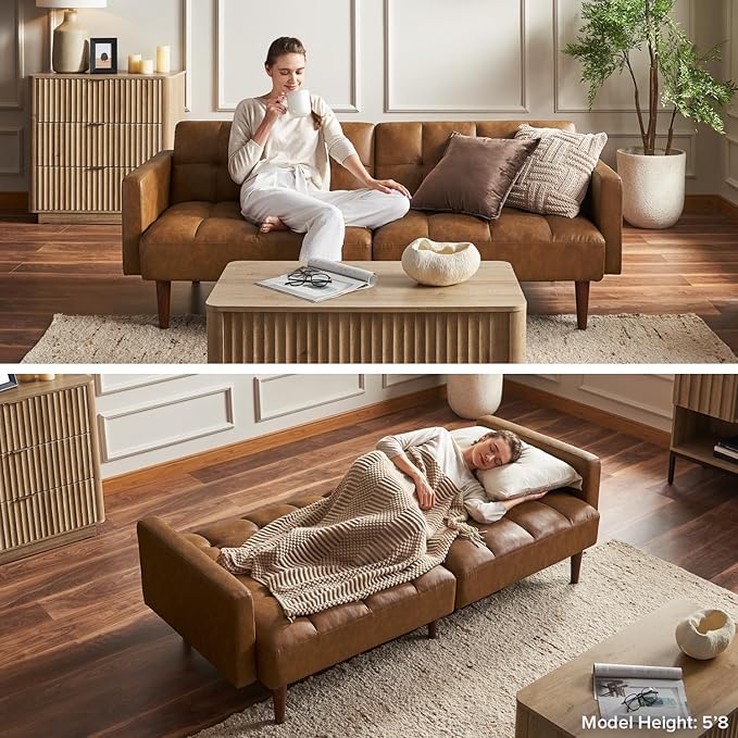 mopio 76.4" Futon Sofa Bed, Couch, Loveseat, Sleeper Sofa, Mid Century Modern Futon Couch, Sofa Cama, Couches for Living Room (Aaron PU, Sage Green)