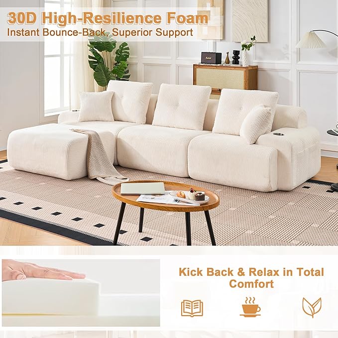 118" Modular Sectional Sofa, Cloud Sectional Couch with Deep Seat, Modern Modular Sofa with L Shaped Comfy Cloud Upholstered Boneless Couches for Living Room Bedroom, White