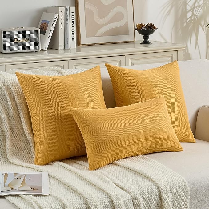 FUTEI Mustard Yellow Chenille Throw Pillow Covers 24x24 Inch Set of 2,Soft Wide Chevron Textured European Pillow Shams,Farmhouse Home Decor for Couch Bed Living Room
