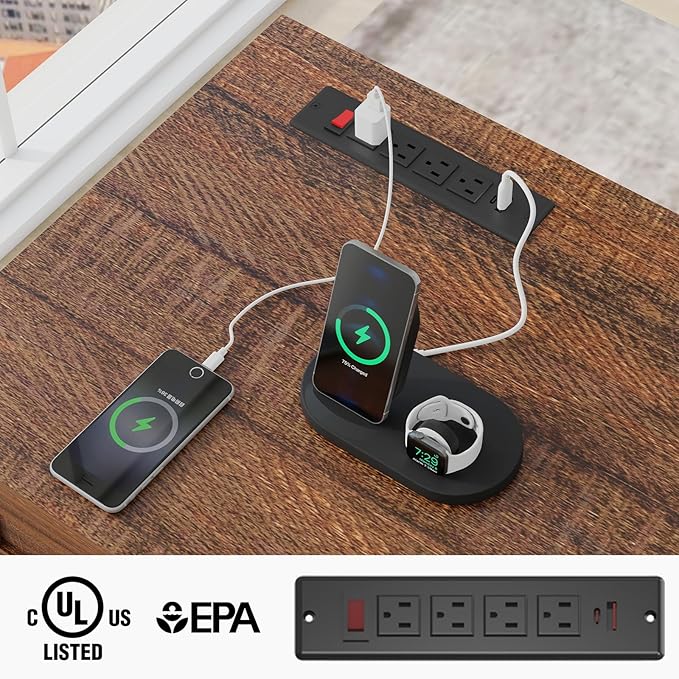 Farmhouse 61'' Executive Desk with 5 Drawers, Rustic Office Desk Computer Desk with Charging Station, File Drawers and Storage Cabinet, Wood Workstation for Study and Home Office. (Red-Brown)