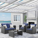 Wisteria Lane 4 Piece Patio Furniture Set, Wicker Outdoor Patio Conversation Furniture Set, All Weather Outdoor Patio Sofa with Cushion and Glass Table, Blue