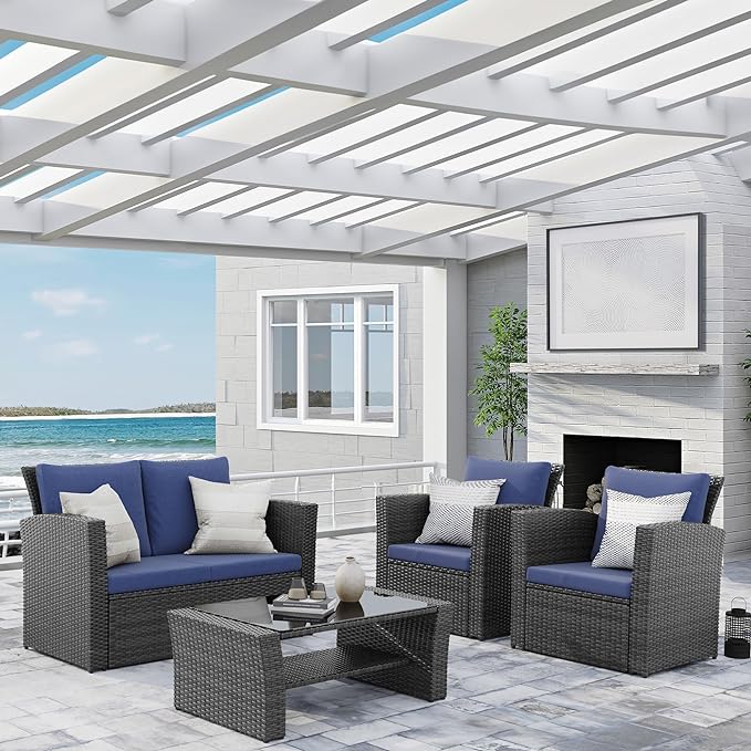 Wisteria Lane 4 Piece Patio Furniture Set, Wicker Outdoor Patio Conversation Furniture Set, All Weather Outdoor Patio Sofa with Cushion and Glass Table, Blue