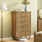 CARPETNAL Fluted 5 Drawers Dresser for Bedroom, 45" Tall Wooden Chest of Drawers with Rounded Corners, Gold Handles, Modern Storage Organizer for Bedroom, Hallway (Walnut)