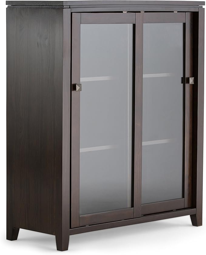 SIMPLIHOME Cosmopolitan SOLID WOOD 36 Inch Wide Contemporary Medium Storage Cabinet in Mahogany Brown, For the Living Room, Entryway and Family Room