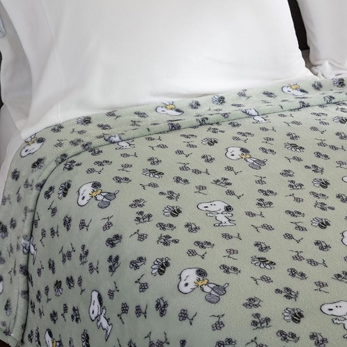 Berkshire Blanket Peanuts® VelvetLoft® Cute Character Snoopy Plush Blanket,Peanuts Snoopy & Woodstock New Flower and Bees Sage,Full/Queen 90 in x 90 in (Official Peanuts® Product)