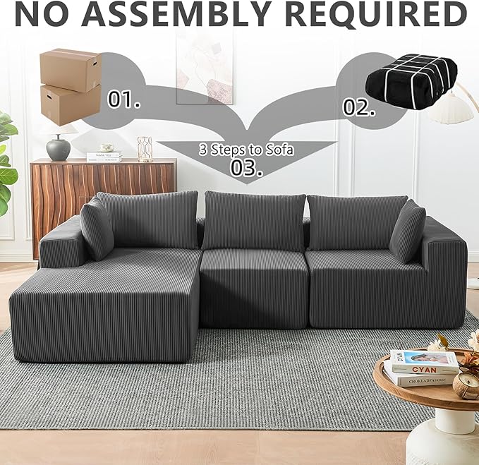 109" Cloud Sectional Couch, Boneless Couches for Living Room, Modular Sectional Sofa with Deep Seat, L-Shape Couch with Chaise, Comfy Corduroy Fluffy Modern Modular Sofa, No Assembly Required,DarkGrey