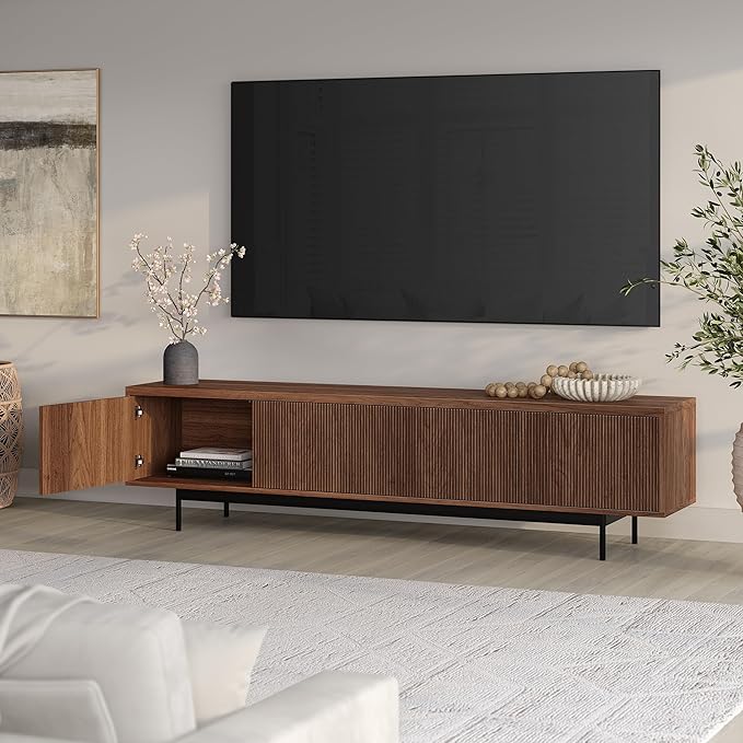 Henn&Hart Rectangular TV Stand for TV's up to 85" in Satin Walnut, for Home, Living Room, Bedroom, Entertainment Room, Office