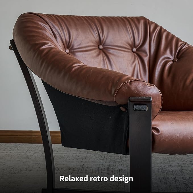 Mid-Century Modern Leather Lounge Chair, Solid Wood Frame, Comfortable upholstered Sofa Armchair