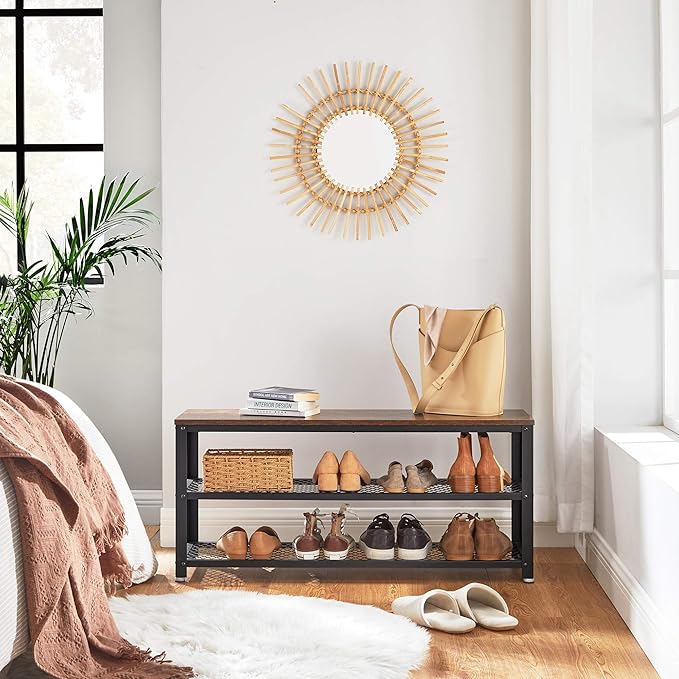 VASAGLE 3-Tier Shoe Rack, Shelf Storage Bench with Metal Mesh Shelves and Seat, Free Standing Shoe Organizer for Entryway, 11.8 x 39.4 x 17.7 Inches, Rustic Brown and Black ULBS078B01