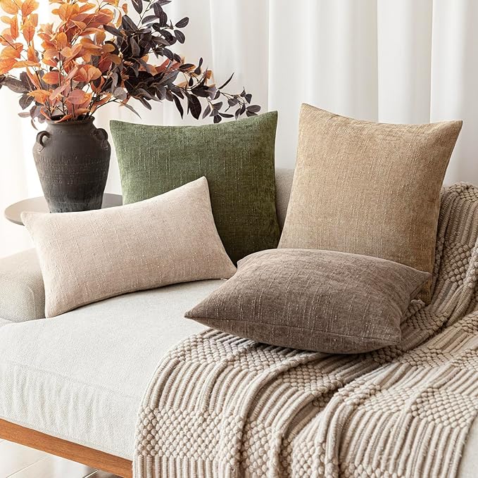 Foindtower Pack of 2 Soft Textured Chenille Throw Decorative Pillow Covers Square Accent Solid Cushion Cover Cozy Neutral Farmhouse Pillow Case for Couch Sofa Bedroom Living Room 22x22 Inch,Dark Green