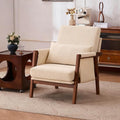 Accent Chair Mid-Century Modern with Lumbar Support Pillow, Upholstered Living Room Chairs with Wooden, Chenille Armchair with Cushion, Anthropologie Side Chair for Bedroom, Beige
