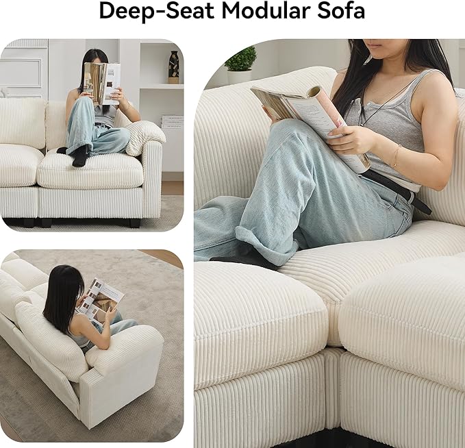 87'' V-Shaped Sectional Sofa Couch, 5-Seater Modular Couches for Living Room, Corduroy Deep Seat Cloud Sofa with Center Stitched, Beige