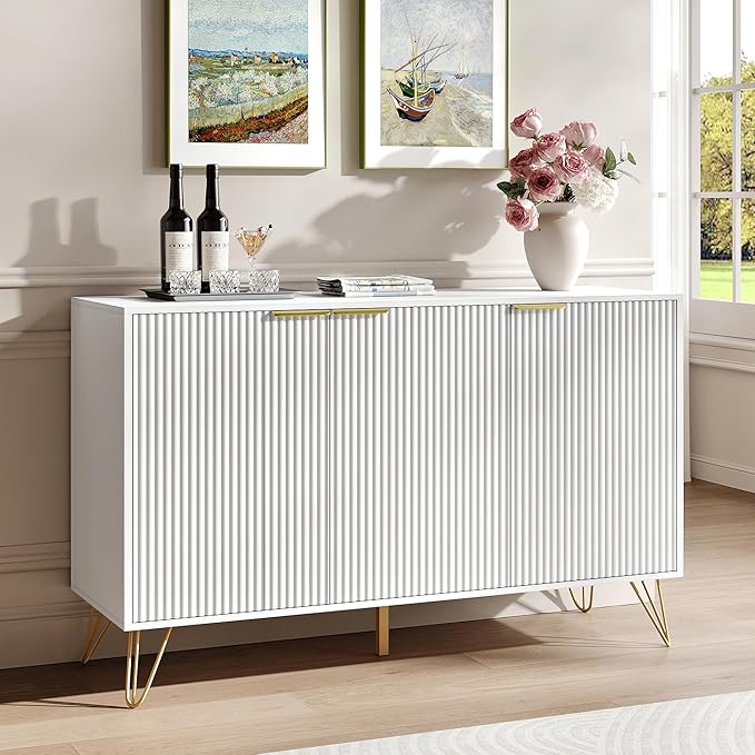 Fluted Buffet Cabinet,Wooden Console Storage with 3 Doors and Adjustable Shelves,White Sideboard for Entryway,Kitchen,Bathroom,Home Office