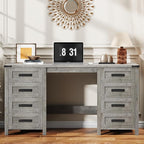 Vabches Farmhouse 60.6” Executive Desk with 7 Drawers, Computer Desk with File Drawer for Hanging Files A4, Workstation for Home Office, Study.Grey