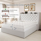 Queen Size Bed Frame with 4 Storage Drawers & Charging Station, Linen Upholstered Platform Bedframe, Button Tufted Wingback Headboard, Sturdy Wooden Slats, No Box Spring Needed, White