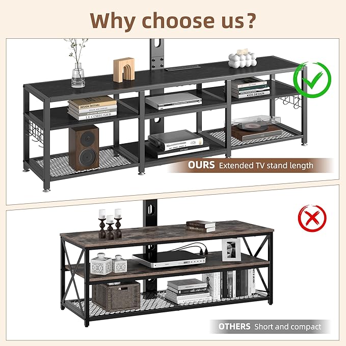 VECELO 63" TV Stand with Mount and Power Outlets, Entertainment Center Console with Open Storage Shelves, Height Adjustable Mount up to 75”, Wooden Table and Metal Frame for Living Room, Modern Black