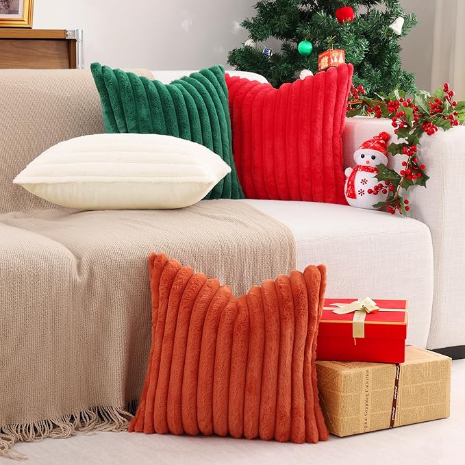Pallene Faux Fur Plush Christmas Throw Pillow Covers 16x16 Set of 2, Luxury Soft Fluffy Striped Decorative Pillow Covers for Sofa, Couch, Living Room, Christmas Green