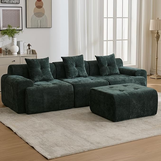 101.65” Modular Sectional Couch for Living Room, Modren L-Shape Cloud Sectional 3-Seater Sofa with Movable Ottoman, Woven Texture Upholstery Boneless Couch, No Assembly, Green