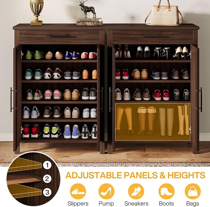 Tribesigns Shoe Cabinet, 5-Tier Shoe Storage Cabinet with Louvered Doors and Drawer, Freestanding Wooden Shoe Rack Organizer with Adjustable Shelves for Entryway, Hallway, Closet, Black Walnut