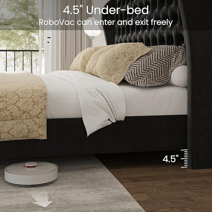 LARMACE King Size Bed Frame Velvet Upholstered Platform Bed with Wingback Headboard & Footbaord, Deep Button Tufted Bed Frame with Wood Slats Support, No Box Spring Needed, Black