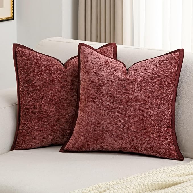 FUTEI Burgundy Chenille Throw Pillow Covers 26x26 Inch Set of 2,Soft Cozy Bound Edge Design Euro Pillow Sham,Home Decor for Couch Bed Living Room