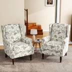 UIXE High Back Floral Accent Chairs Set of 2, Fabric Upholstered Armchair for Living Room, Retro Printed Wingback Arm Chair Nailhead Trim Single Sofa Bedroom Reading Seat - Beige Plants
