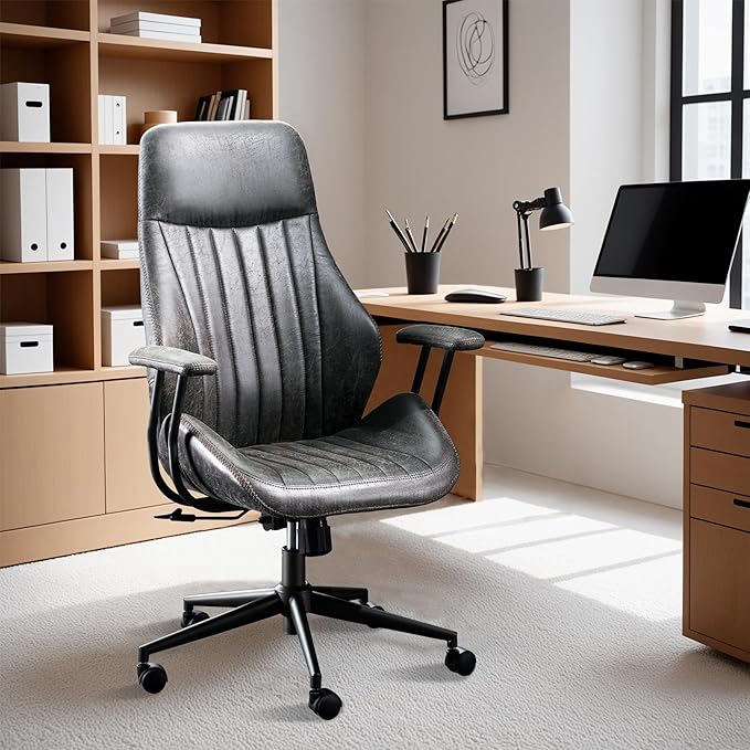 ovios Home Office Ergonomic Chair, Mid-Century Modern Luxury Faux Suede Leather Chairs, Comfy High Back Computer Swivel Rolling Task Armchair for Executive, Grey