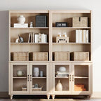 WAMPAT 5 Tier Bookshelf 72" Tall Bookcase with Glass Doors,Large Farmhouse Display Book Shelf with Adjustable Shelves and Storage Cabinet，Library Wood Bookshelves for Living Room,Kitchen, Light Oak