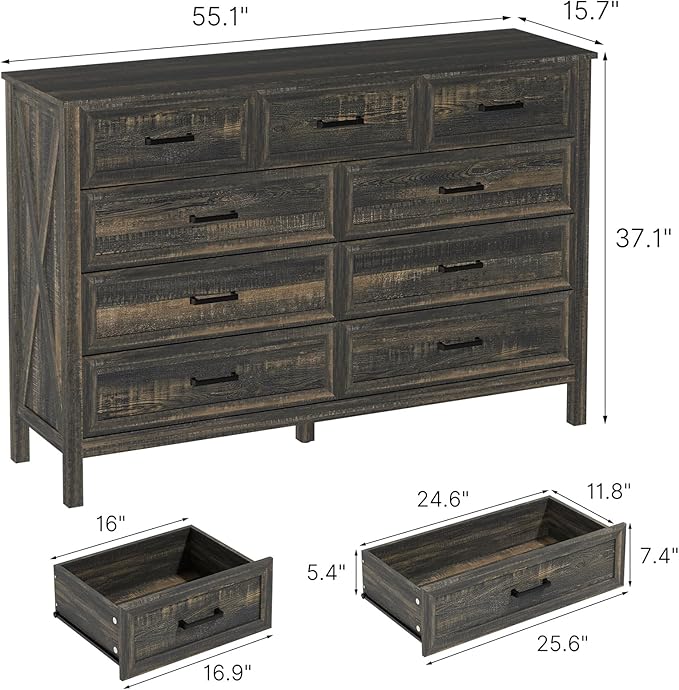 LYNSOM Farmhouse 9 Drawer Dresser for Bedroom, 55 Inch Wide Wood Rustic Chest of Drawers with X-Marking & Bar Handle, Large Storage Dressers Organizer for Bedroom, Living Room, Dark Rustic Oak