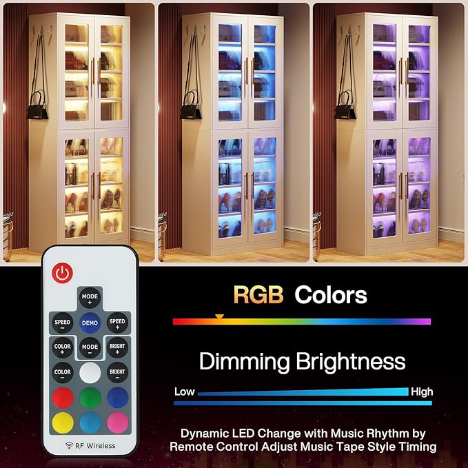 Tribesigns Tall Shoe Storage Cabinet with Acrylic Doors and LED Lights, 8-Tier Entryway Shoe Organizer Rack with Adjustable Shelves and Hanging Hooks for Narrow Closet, Hallway, Living Room, White