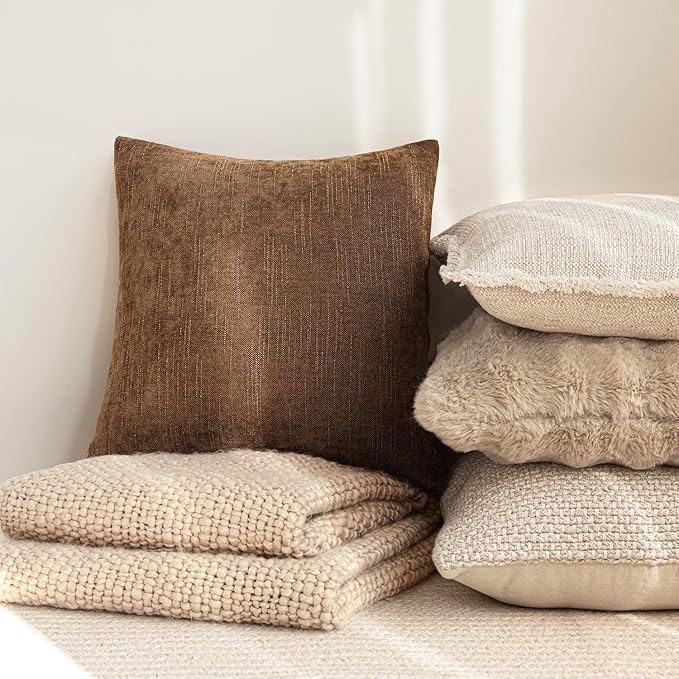 Foindtower Set of 2 Soft Textured Chenille Throw Decorative Pillow Covers Square Accent Solid Cushion Cover Cozy Neutral Farmhouse Pillow Case for Couch Sofa Bedroom Living Room 16x16 Inch,Dark Bronze