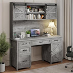 Farmhouse 67''H Executive Desk with Hutch & 5 Drawers, Rustic Office Desks Computer Desks with Charging Station, File Drawers and Storage Cabinets, Wood Workspace for Home Office & Study.（Grey）.