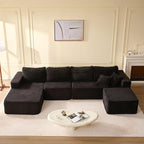 138" Boneless Couch with Deep Seat, Modular Sectional Sofa, Cloud Sectional Couch for Living Room, No Assembly Required, Corduroy, U-Shape 4 Seater Left, Black