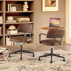 Home Office Desk Chair, Mid-Century Style Desk Chair with Padded Arms, Adjustable Seat Height, Mid Back 360° Small Computer Chair with Mobile Mute Wheel, PU Leather (Brown)