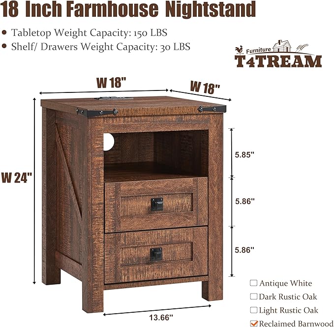 T4TREAM Nightstand with Charging Station, End Table, Side Table with 2 Drawers Storage Cabinet for Bedroom, Living Room, Farmhouse Design, Wood Rustic, Reclaimed Barnwood