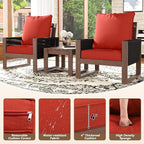 Patio Chairs 3 Piece Wood Patio Furniture with Coffee Table & Cushions, PE Wicker Outdoor Conversation Set Balcony Chairs for Garden, Porch, Deck, Backyard